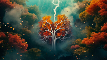 Dans la forêt, forme de poumon en branches d'arbre et de feuilles - La nature est le poumon de la planète  - obrazy, fototapety, plakaty