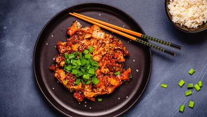 Fried kimchi with pork onions and spices. Traditional Korean food