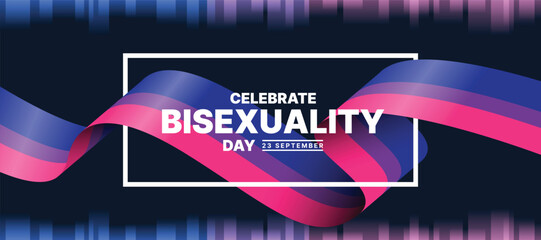 Naklejka na ściany i meble Celebrate bisexuality day - White text in white frame with long bisexual flag roll waving around on dark background with blue purple and pink light top and bottom vector design