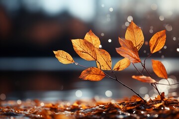 Vibrant autumn wallpaper featuring yellow leaves on a rustic background.  'generative AI'