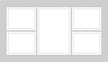 Empty post stamp set. Blank frames isolated on gray background. Collection paper postmarks. Postal shapes border for mail letter. Postage stamps. Vector illustration.