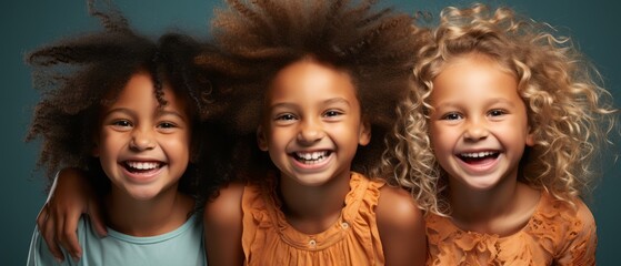 Obraz premium Happy kids group on blue background. Generative AI