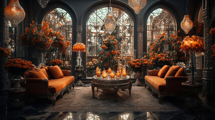 Fototapeta na wymiar A breathtaking view of a room adorned with amber decorations, from intricately designed lamps to ornate vases, evoking warmth and elegance 