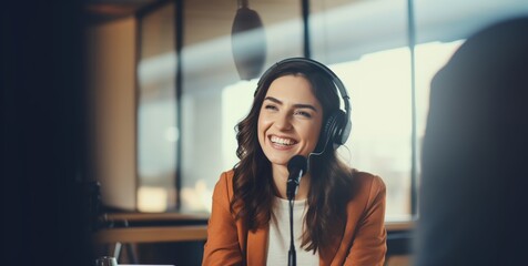 Happy woman recording a podcast in a bright office. Generative AI