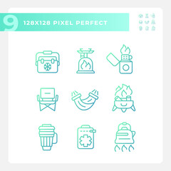 Pixel perfect gradient icons representing hiking gear, green isolated thin linear illustration set.