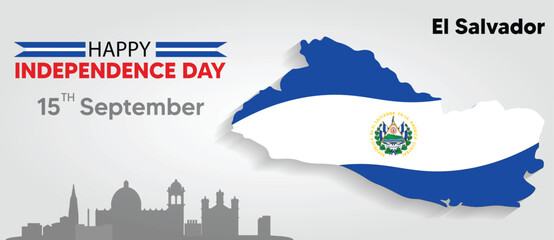 El Salvador Independence Day vector poster map flag and cityscape