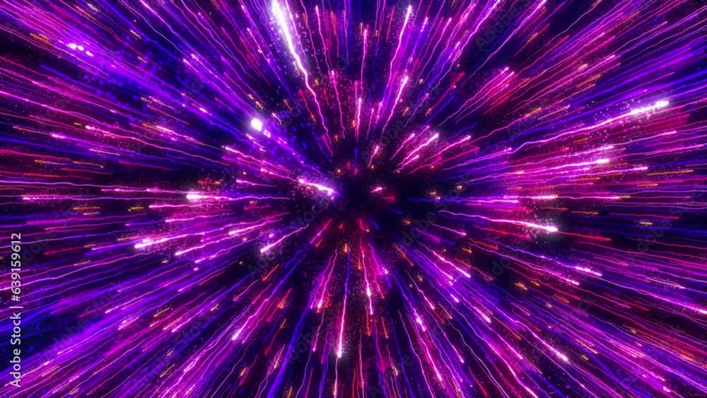 Poster abstract colorful dust explosion of particles, movement of glowing particles, speed of light, firewo