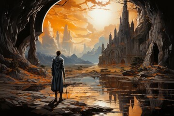 Fototapeta premium Man in ancient ruins. Beautiful illustration picture. Generative AI