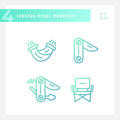 2D pixel perfect gradient icons set representing hiking gear, green isolated thin line illustration.