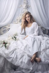 Beautiful woman has woken up and is sitting on a white bed generative ai