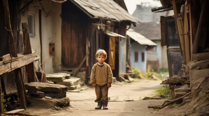 Little boy in the village. Beautiful illustration picture. Generative AI
