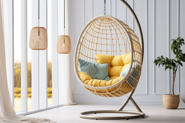 Hanging wicker chair with blue and yellow cushions in a modern interior.