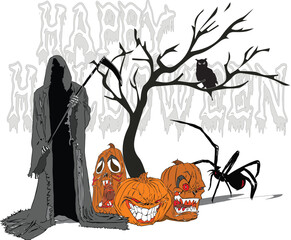 Grim reaper Halloween party celebration spooky pumpkins design. Horror cartoon happy Halloween trick or treat party background illustration. 