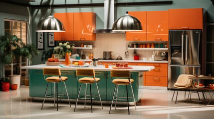 Fototapeta na wymiar Yellow Glance Kitchen interior in modern style with light worktop with kitchen utensils.