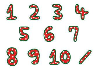 Fototapeta premium クリスマスカラーのドット柄、手書きの数字、ベクター素材