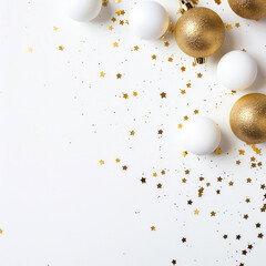 Naklejka na ściany i meble Christmas and New Years minimal background. Flat lay design with white balls, golden christmas decoration. Top view. Layout. Template, poster, banner,cover, brochure. Generative ai