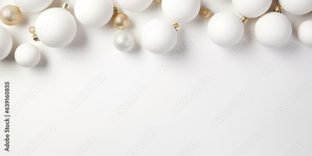 Wall mural Christmas and New Years minimal background. Flat lay design with white balls, golden christmas decoration. Top view. Layout. Template, poster, banner,cover, brochure. Generative ai