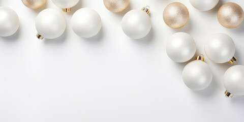 Fototapeta na wymiar Christmas and New Years minimal background. Flat lay design with white balls, golden christmas decoration. Top view. Layout. Template, poster, banner,cover, brochure. Generative ai
