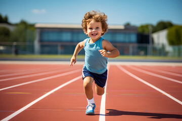 Little child running filled with joy and energy running on athletic track, young boy runner training on the stadium. Concept of sport, fitness, achievements, studying