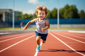 Obraz premium Little child running filled with joy and energy running on athletic track, young boy runner training on the stadium. Concept of sport, fitness, achievements, studying