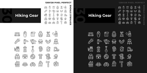 Pixel perfect dark and light mode icons collection representing hiking gear, editable isolated thin line illustration.