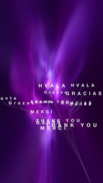 Thank you in multiple languages on dark violet motion vertical background.