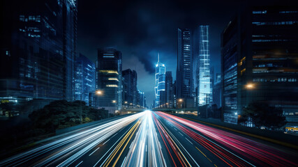 City at night highway time lapse image created with Generative AI technology