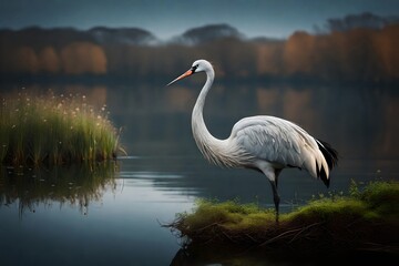 Fototapeta premium An rich crane showcased in serene waterside scenes. Creative resource, AI Generated