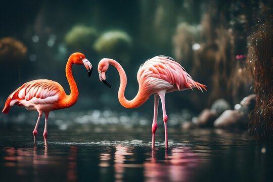 A unconventional flamingo showcased in marvelous waterscapes. Creative resource, AI Generated