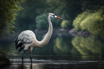 An princely crane showcased in calm waterside scenes. Creative resource, AI Generated