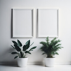 
Two potted plants in front of a blank picture frame background. AI Generative


