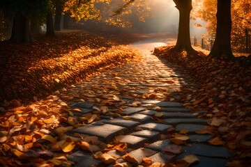a cobblestone walkway secured in fallen takes off, with a fragile morning sunshine breaking through. Creative resource, AI Generated
