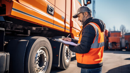 Serviceman with digital tablet on the background of the truck in the garage. Pretrip technical inspection, checklist