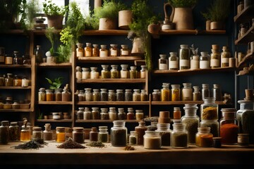 a cozy drug specialist shop brimming with dried herbs, botanical extricates, and all enveloping cures. Creative resource, AI Generated