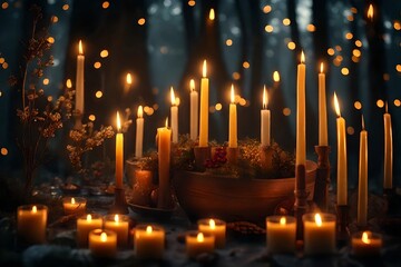 an charming scene with candles lighting a solstice celebration, symbolizing the return of light. Creative resource, AI Generated