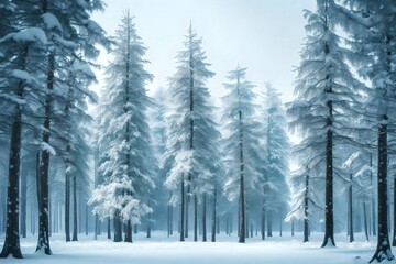 a calm winter scene of snow secured evergreen trees standing in a calm woods. Creative resource, AI Generated
