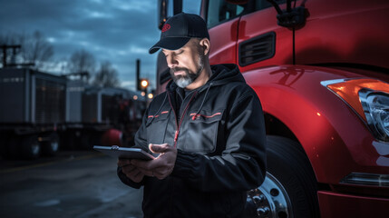 Serviceman with digital tablet on the background of the truck in the garage. Pretrip technical inspection, checklist