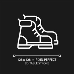 2D pixel perfect white hiking boot icon, isolated vector, editable hiking gear thin line illustration.