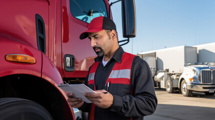 Serviceman with digital tablet on the background of the truck in the garage. Pretrip technical inspection, checklist