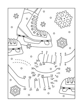 Ice hockey sticks, puck and skates dot-to-dot game and coloring page activity sheet

