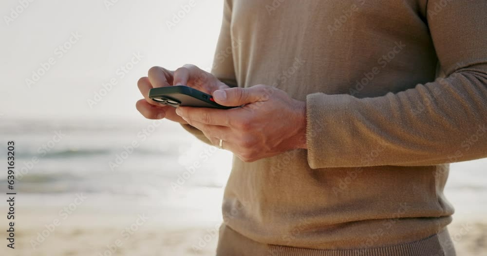 Poster Phone, hands and man at a beach for travel, location and and internet, search or tracking in nature. Smartphone, app and guy at sea typing for social media, blog or checking web for chauffeur service