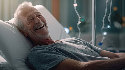 Senior male patient lying satisfied smiling at modern hospital patient bed.generative ai