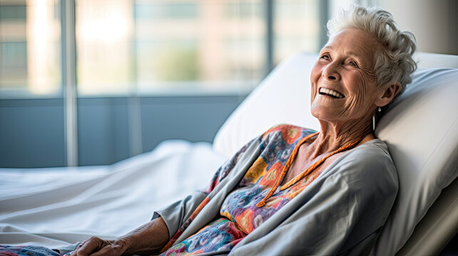 Senior female patient lying satisfied smiling at modern hospital patient bed generative ai