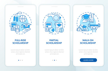 2D icons representing athletic scholarship mobile app screen set. Walkthrough 3 steps blue graphic instructions with thin linear icons concept, UI, UX, GUI template.