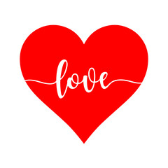 Love script word in red heart svg cut file. Isolated vector illustration.