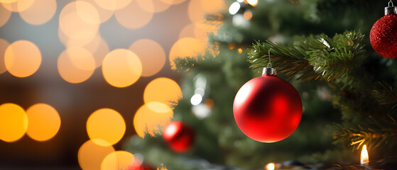 Fototapeta na wymiar Seasonal Elegance Decorated Christmas Tree and Bokeh Lights Blur