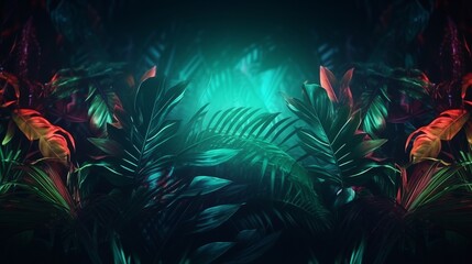 Fototapeta na wymiar Tropical leaves and neon lights layout. Generative AI