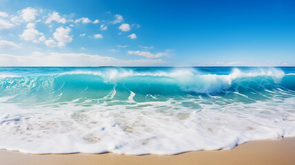 Fototapeta na wymiar Soft blue ocean wave on clean sandy beach, crashing waves on the shoreline, tropical beach surf Generative AI