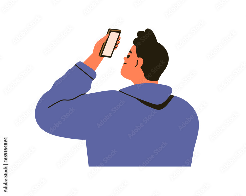 Poster man holding mobile smart phone, raising smartphone up, searching network. happy person looking at ce