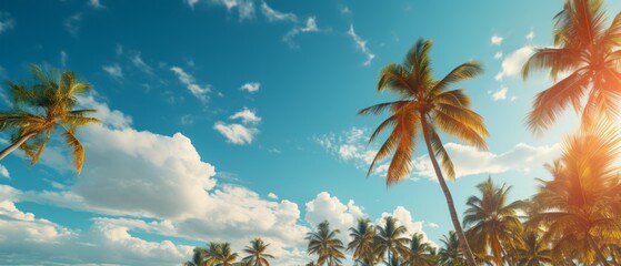 Fototapeta na wymiar Palm trees under a blue sky with clouds. Generative AI